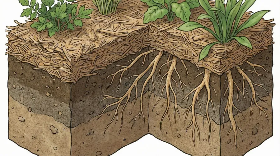Cross section diagram showing layers of mulch over sand amended soil with healthy plant roots