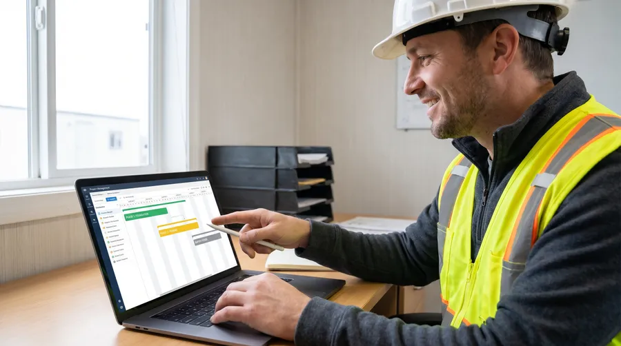 contractor using scheduling software showing project timeline with color-coded phases and buffer periods
