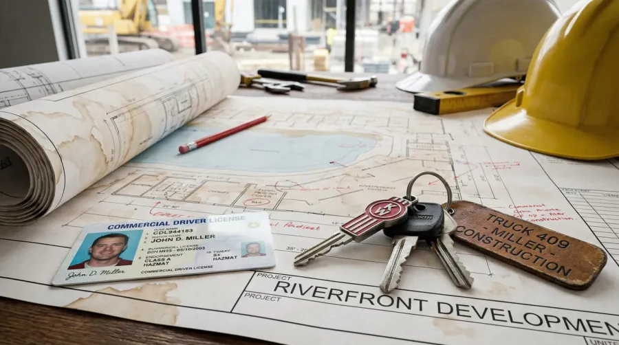CDL license and dump truck keys on construction plans