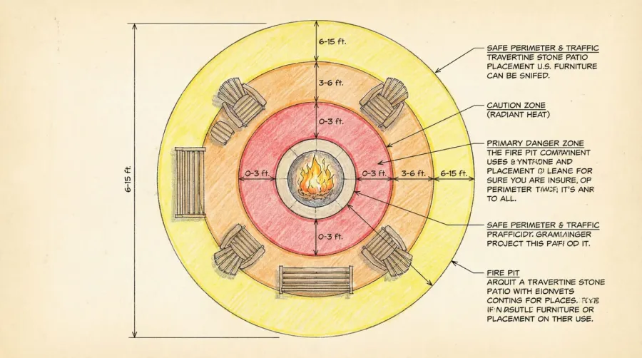 Diagram showing safety zones around a travertine fire pit