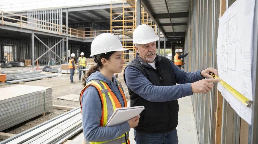 apprentice learning from experienced contractor on construction site