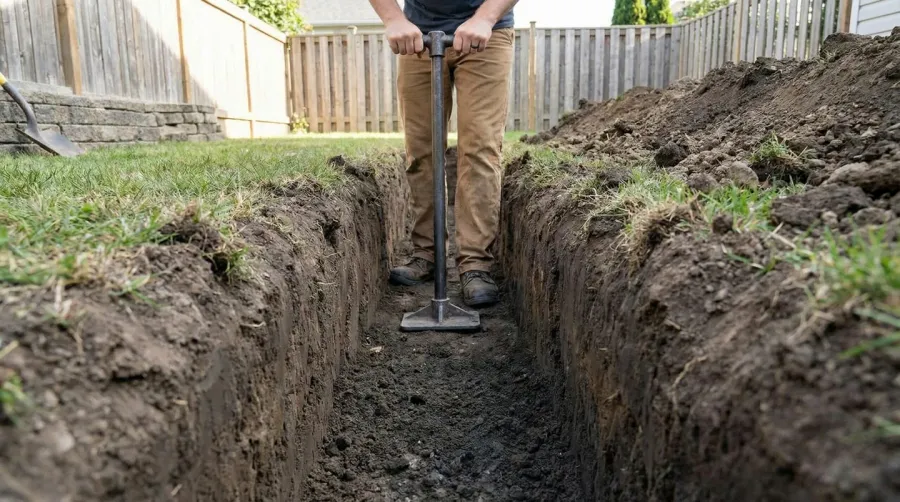 Step by step retaining wall base installation with compaction and drainage