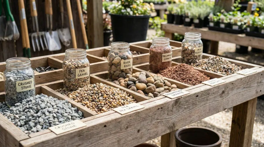Different types of gravel samples including crushed stone, pea gravel, river rock, and decomposed granite