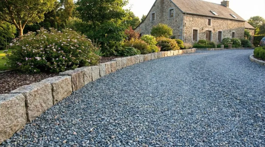 Well maintained blue stone gravel driveway with proper edging