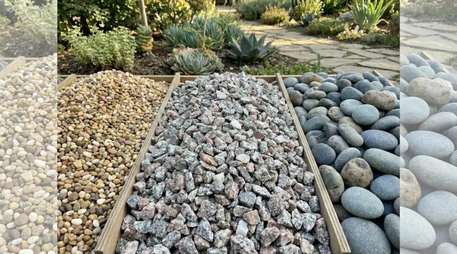 Different types of decorative gravel stones for landscaping including pea gravel, crushed granite, and river rock displayed side by side for comparison