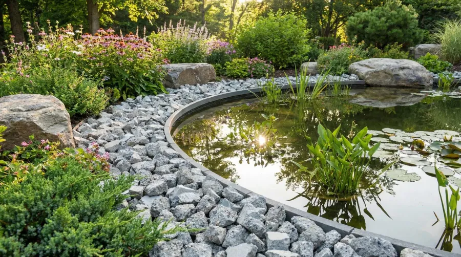 Pond border with crushed concrete material landscaping