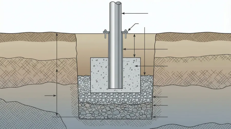 Cross-section diagram of flagpole installation showing hole depth, crushed stone base layer, concrete fill, and ground sleeve placement