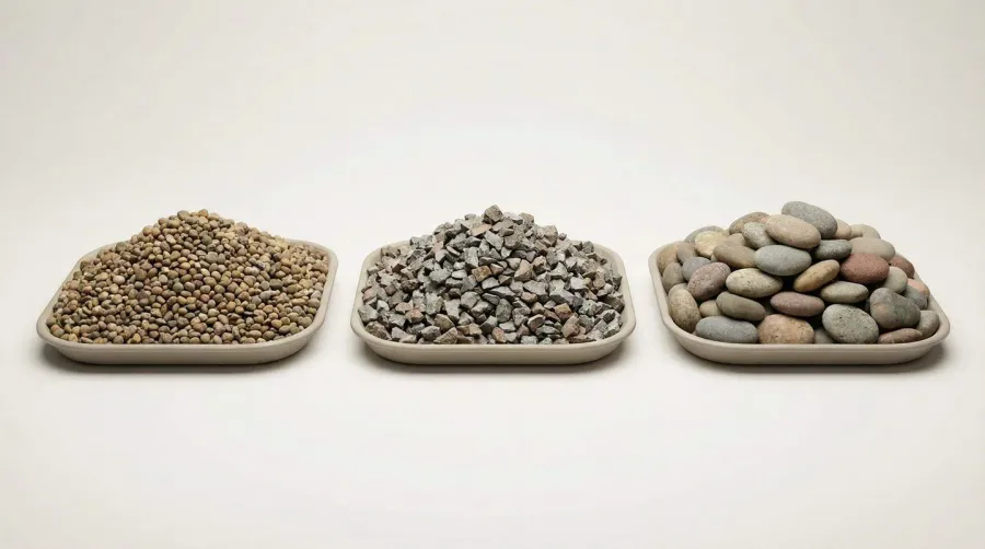 Different types of gravel: pea, crushed, and river rock examples