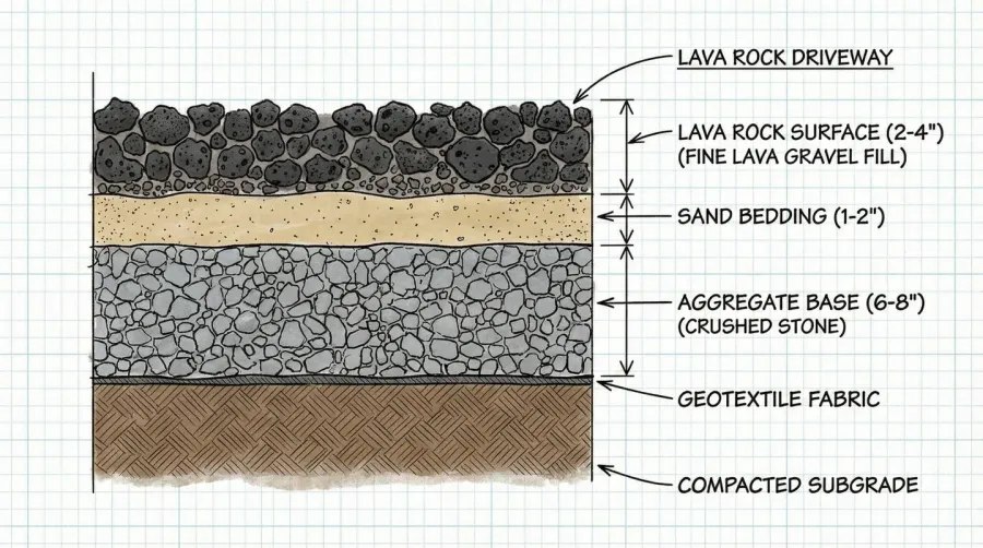 Cross-section diagram showing lava rock driveway layers with base and surface