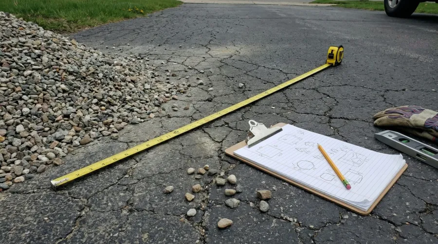Measuring tape on driveway with gravel calculation notes