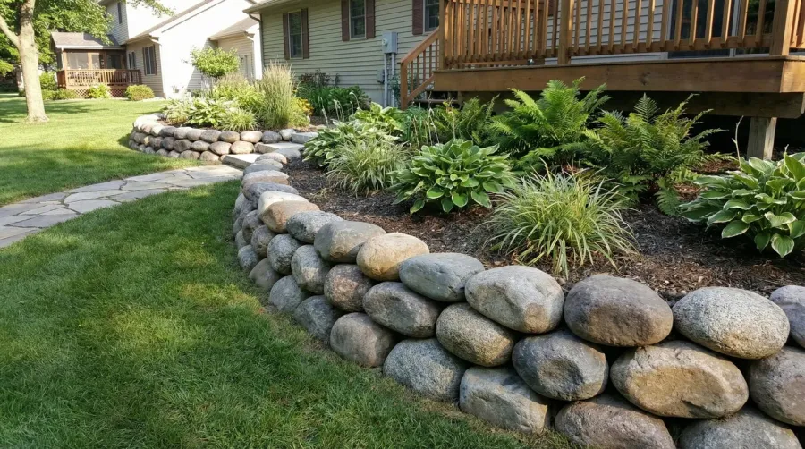 large river rocks creating decorative border in residential landscape