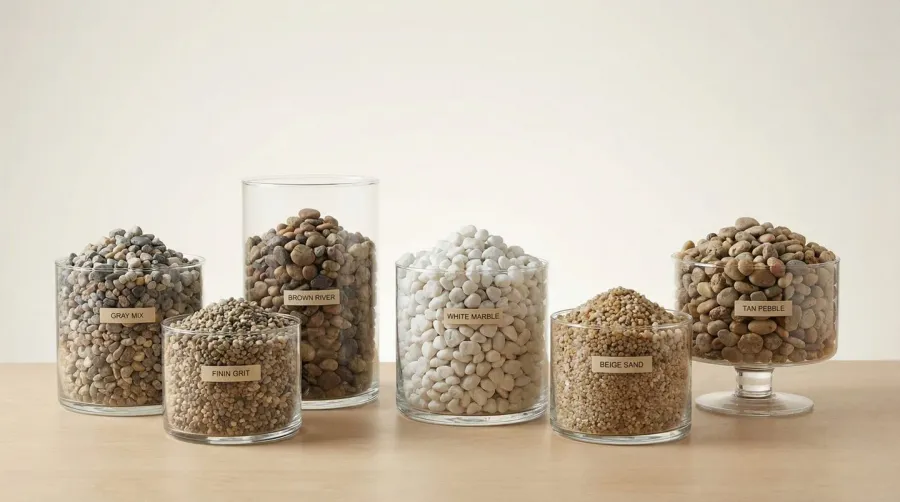 Pea gravel color and size samples display