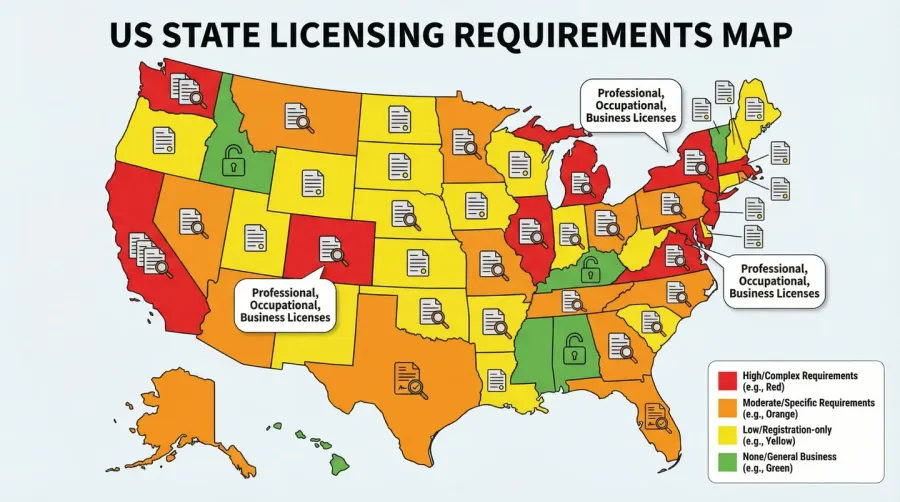 map showing different licensing requirements across US states