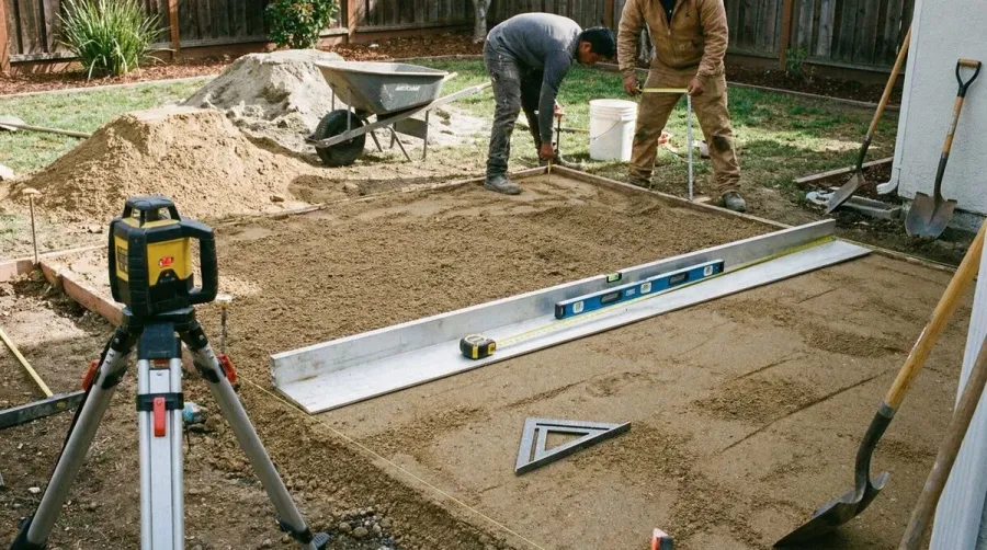Decomposed granite patio installation with measuring tools