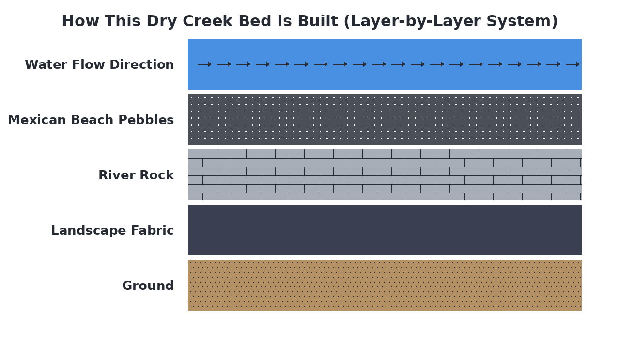 How This Dry Creek Bed Is Built (Layer-by-Layer System) diagram