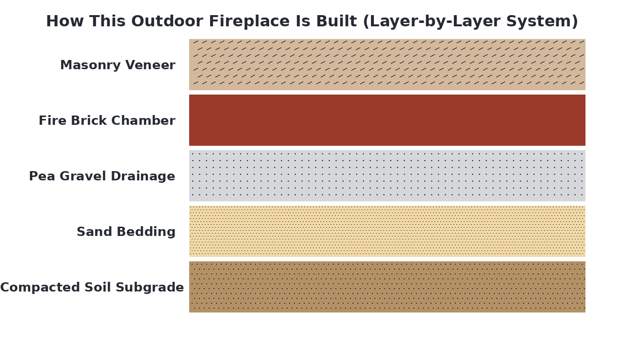 How This Outdoor Fireplace Is Built (Layer-by-Layer System) diagram