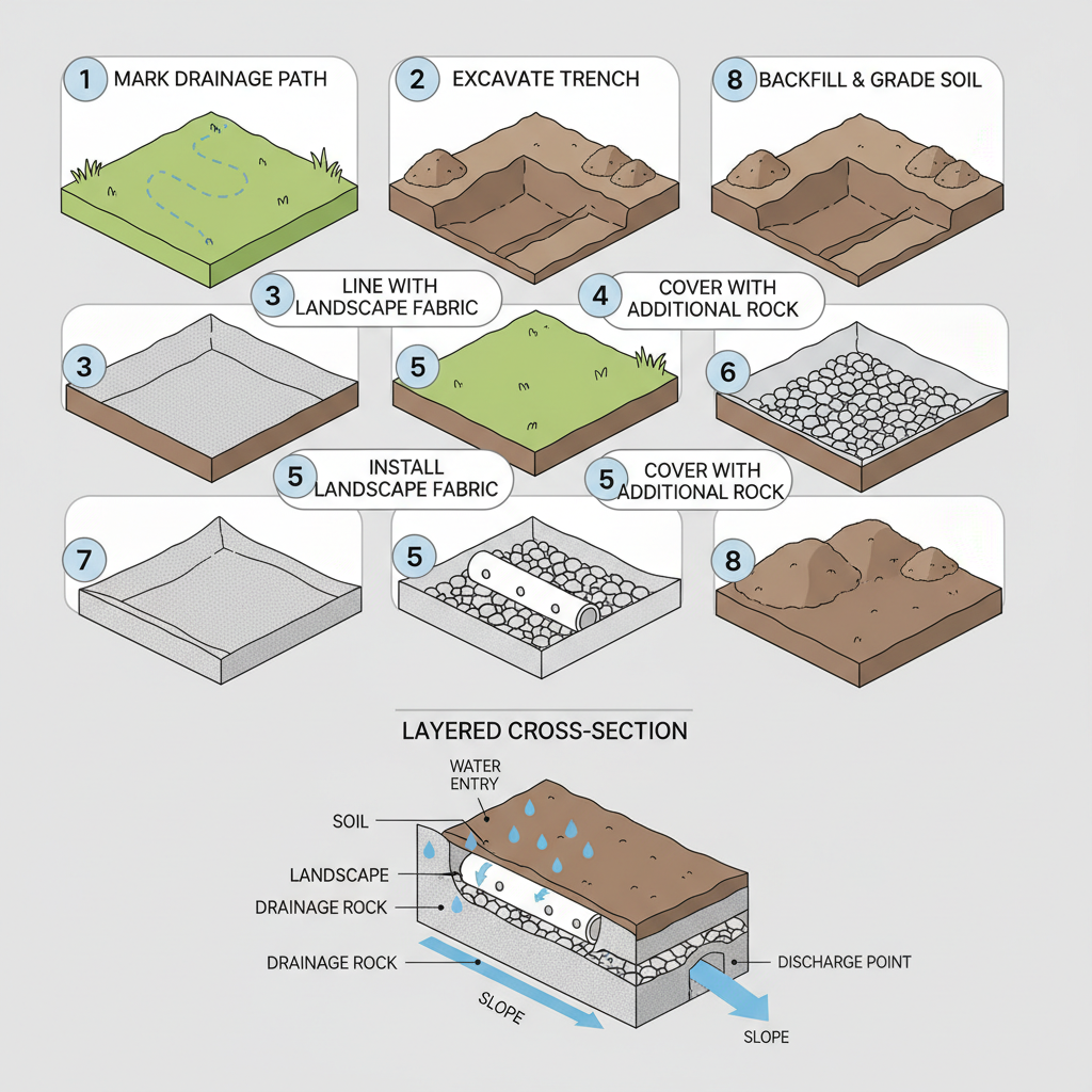 Yard Drainage Gravel: Drain Rock Sizing & Bed Depth Guide installation diagram