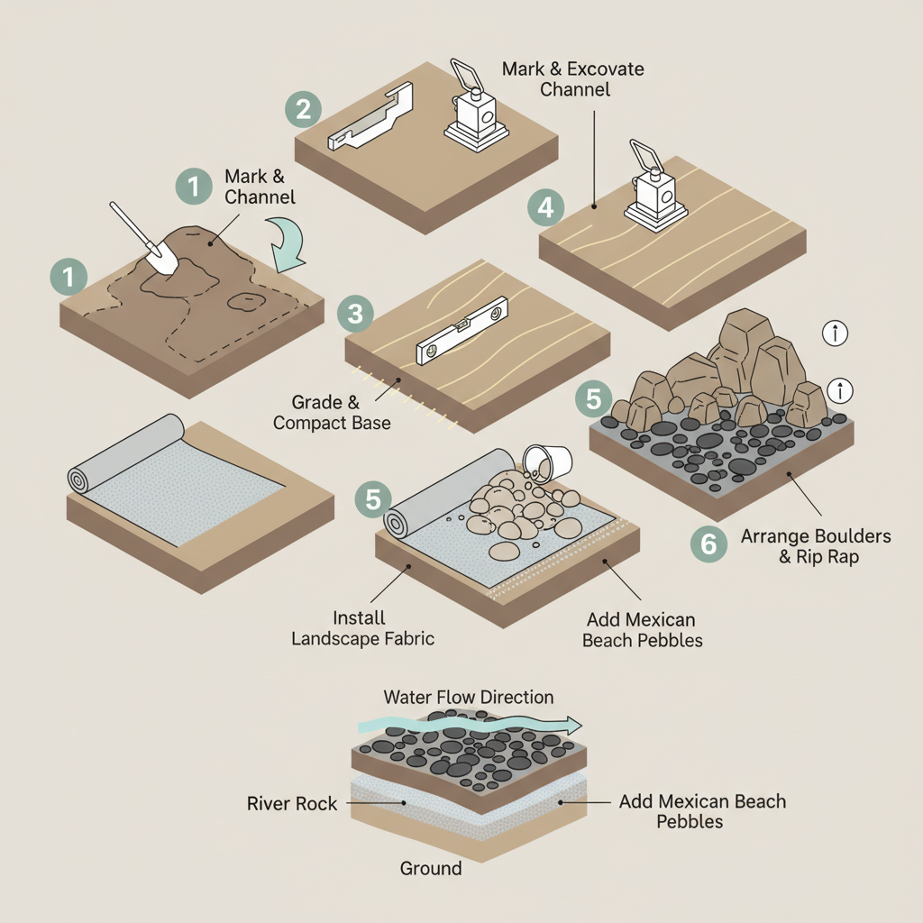 Dry Creek Bed Stones: Sizing, Depth & Tonnage Calculator installation diagram