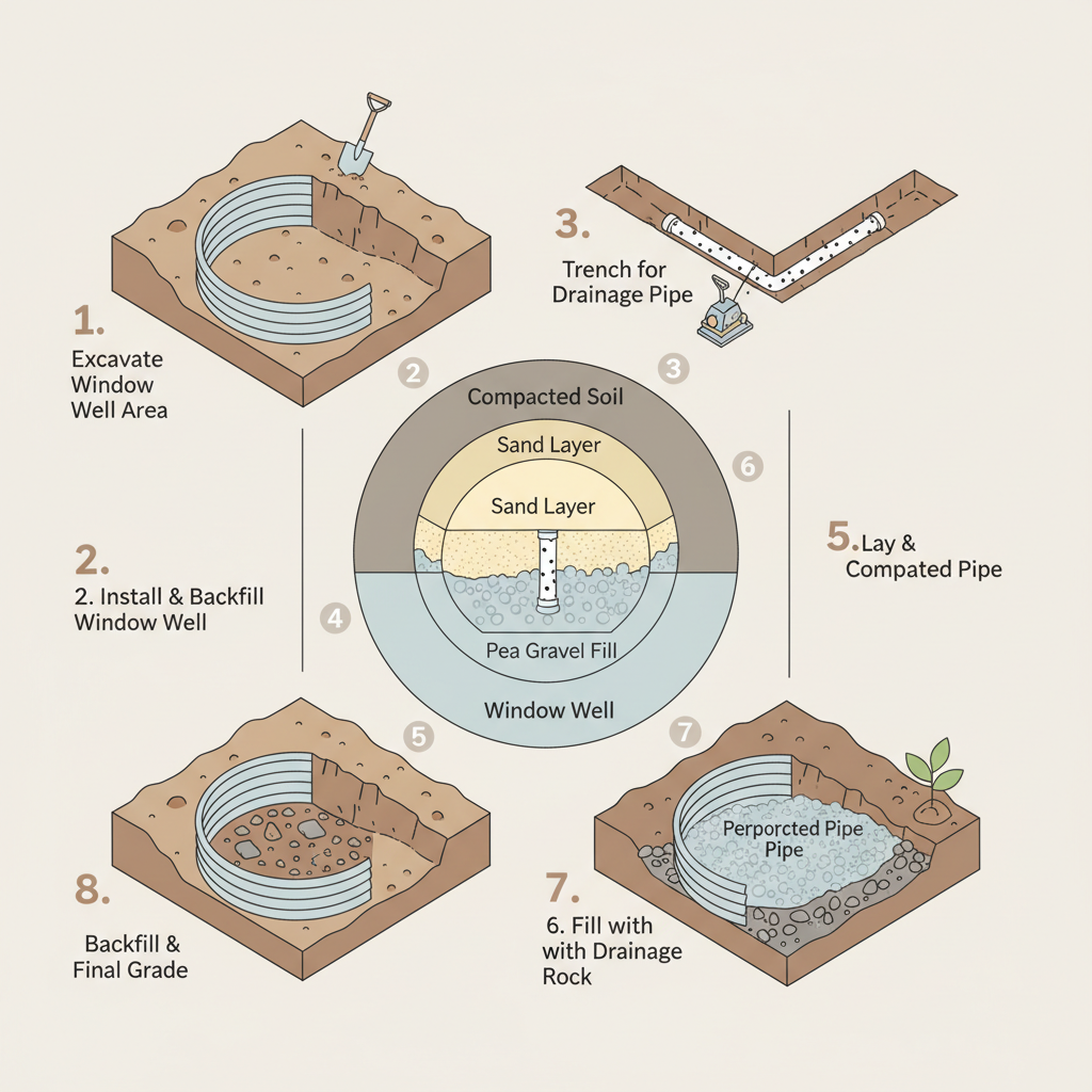 Egress Window Gravel: Drainage Stone Size & Quantity installation diagram