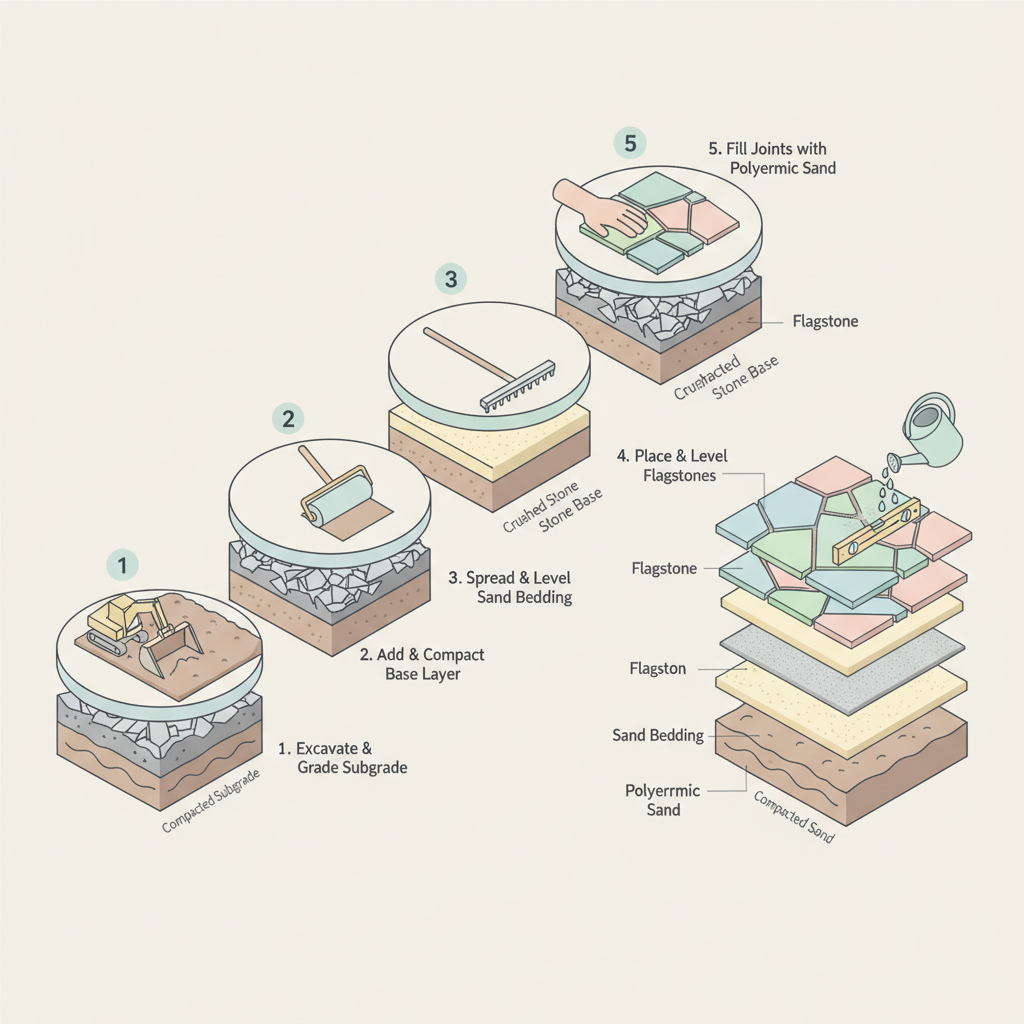 Flagstone Patio Bedding Sand & Base Stone Quantities installation diagram