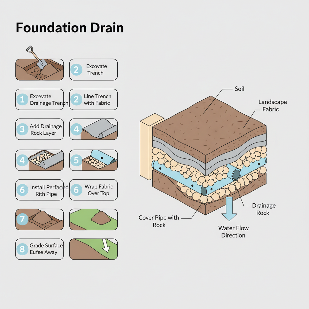 Foundation Drain Gravel: Drain Rock Size, Depth & Tons installation diagram