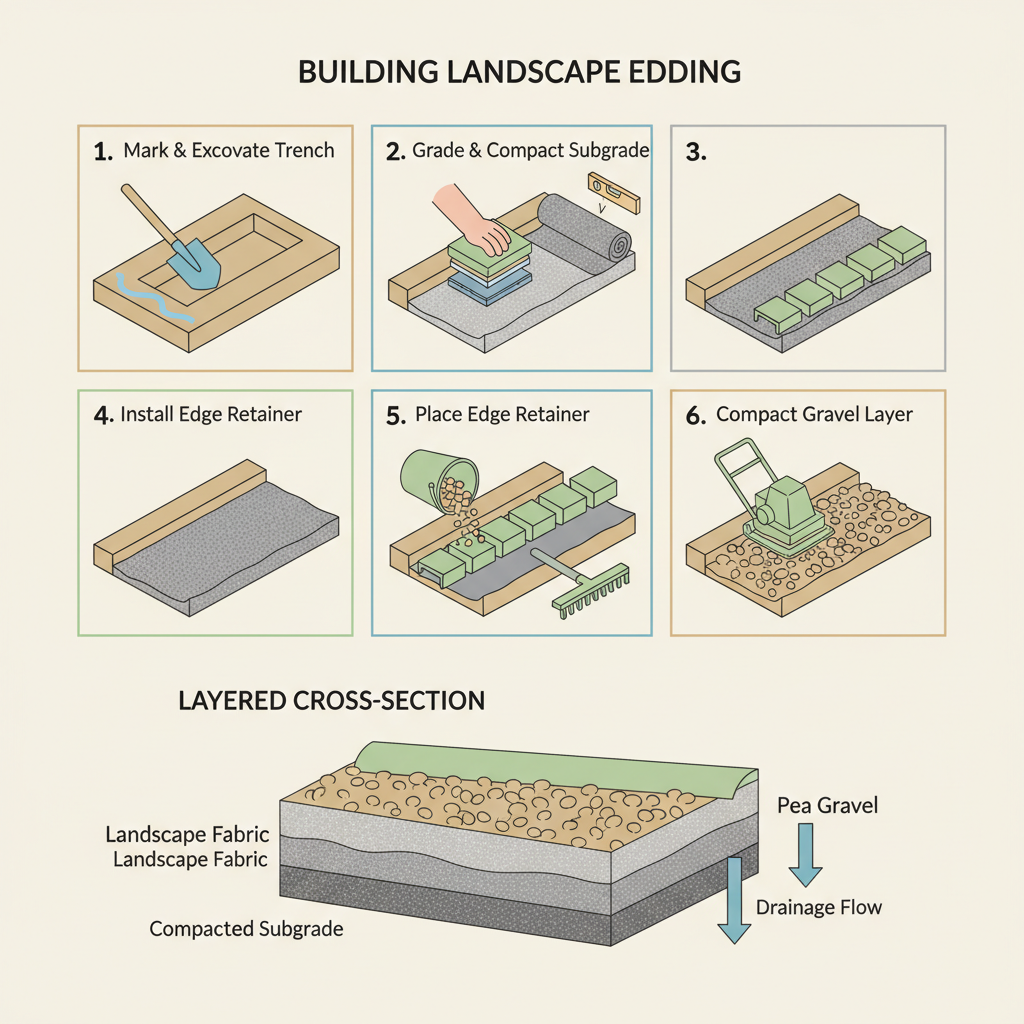 Landscape Edging with Gravel: Stone Sizes & Border Depth installation diagram