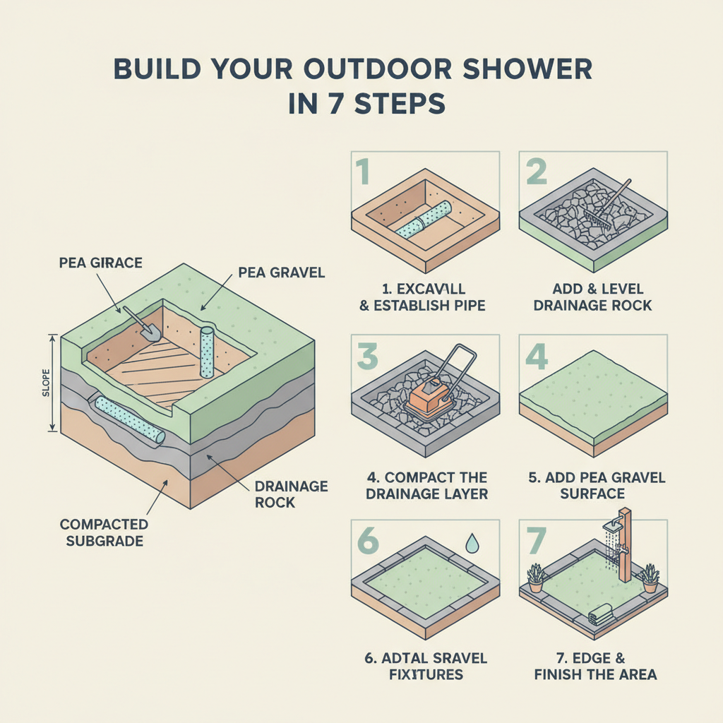 Outdoor Shower Drainage Gravel: Pea Gravel & Drain Rock installation diagram