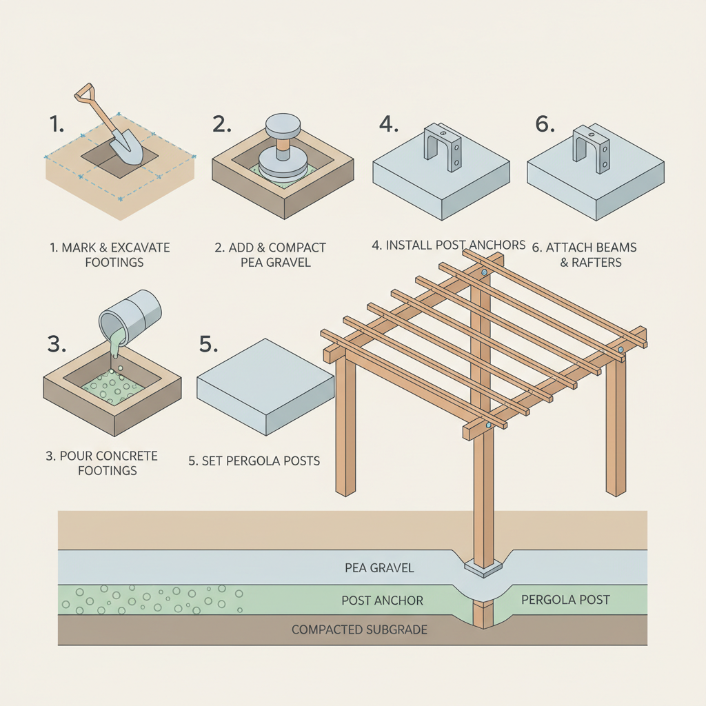 Pergola Footing Gravel: Crushed Stone Volume per Post installation diagram