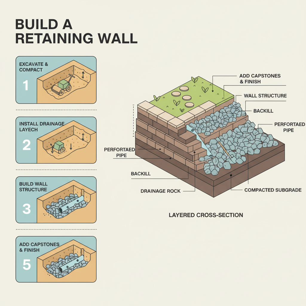 Retaining Wall Drain Rock: Backfill Depth & Quantities installation diagram