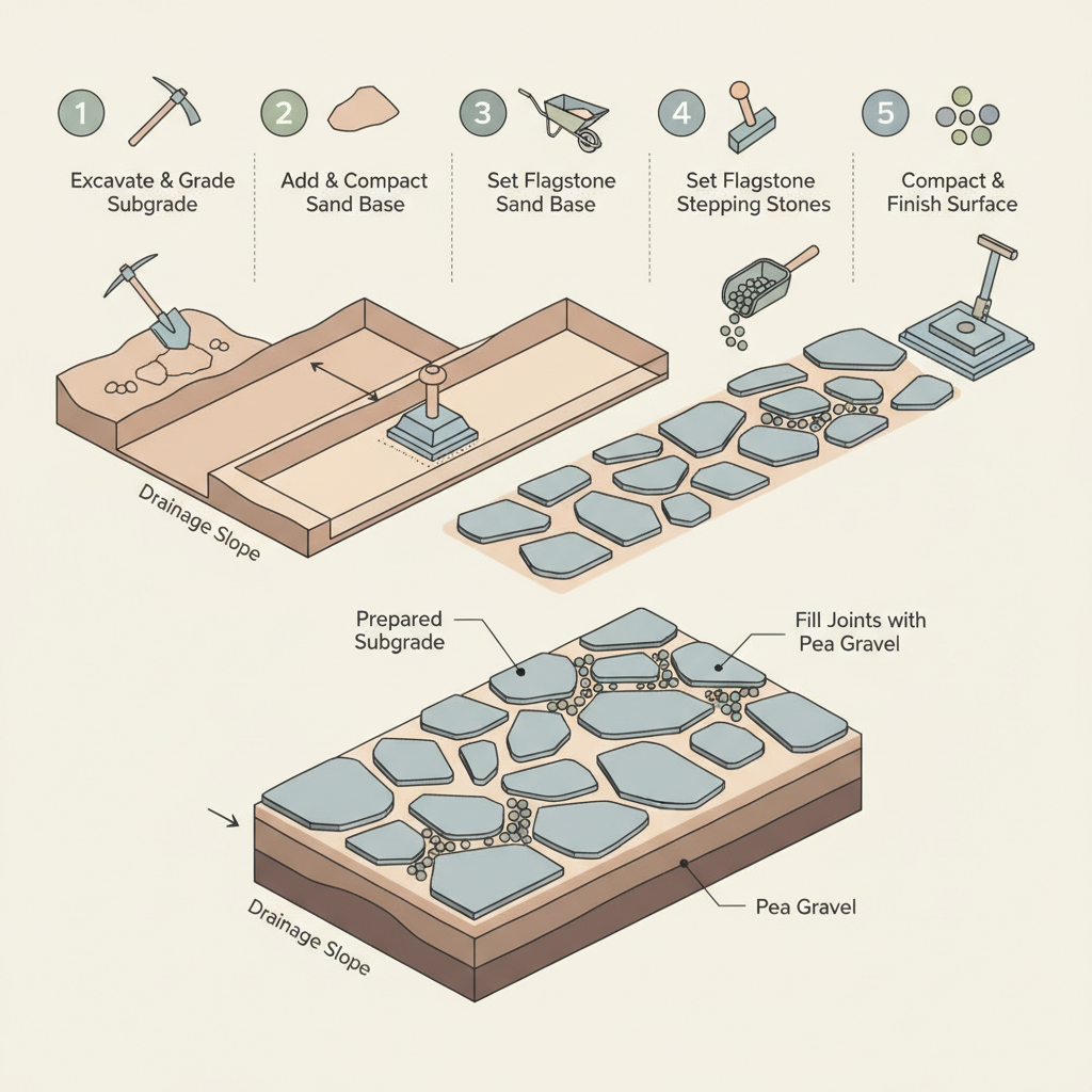 Stepping Stone Gravel Base: Pea Gravel & Sand Depth installation diagram
