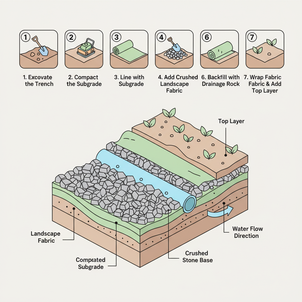 Trench Drain Drain Rock: Gravel Bed Size & Depth Specs installation diagram